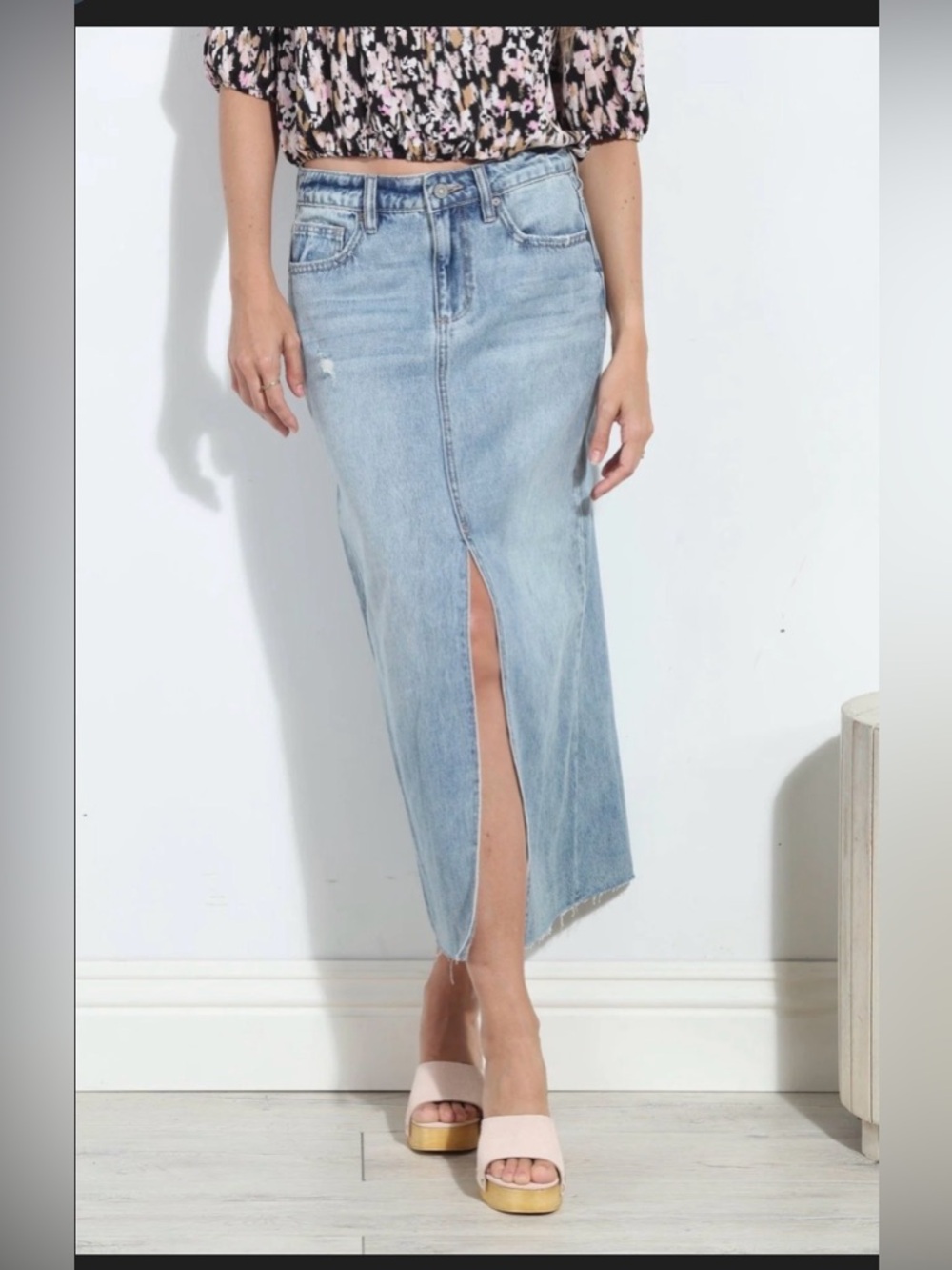 Hidden jeans  Wash Denim Midi Skirt with Front Slit